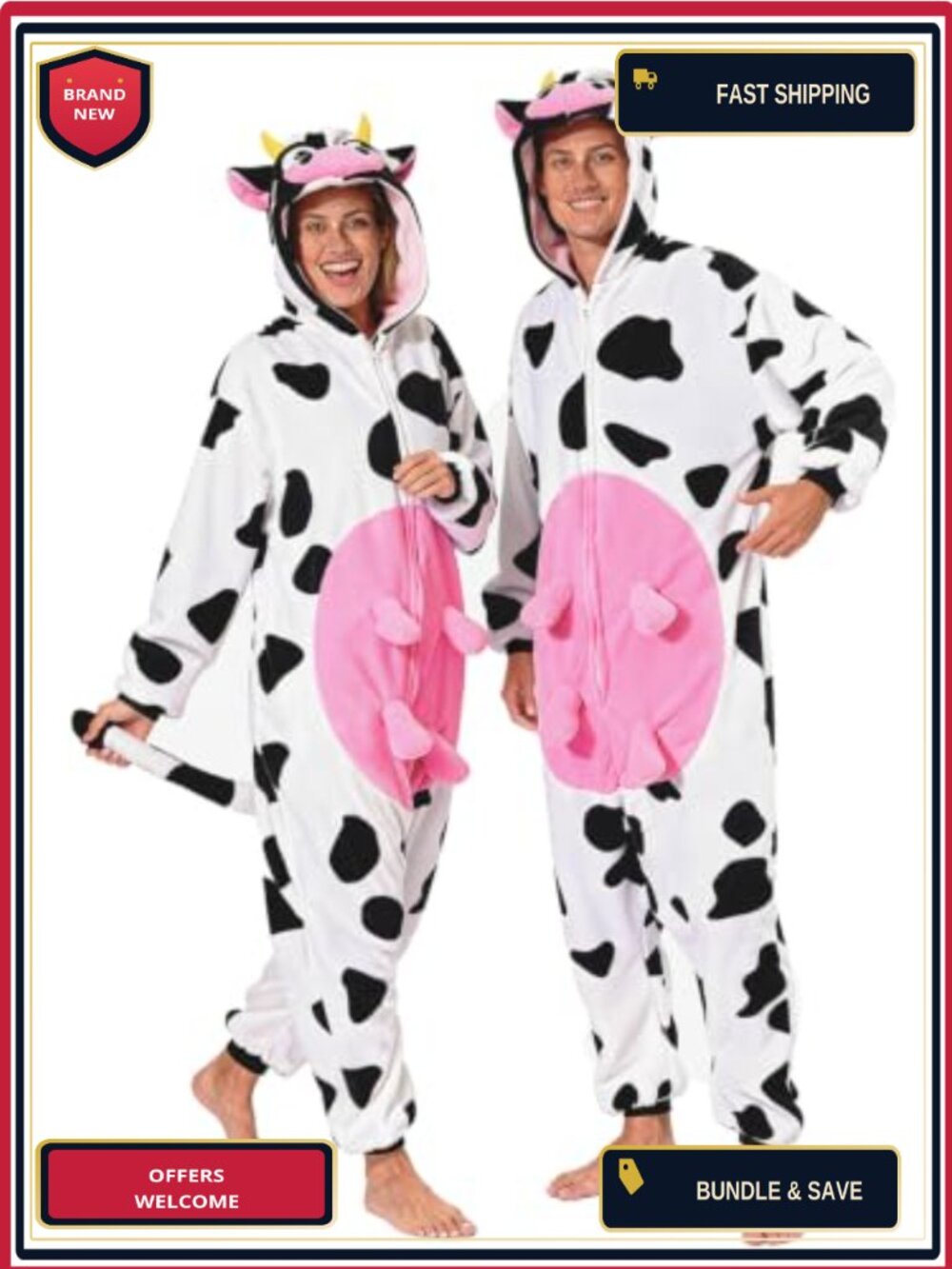 Adult Cow Onesie Costume Hooded Loose Fit Pajama Cosplay Halloween